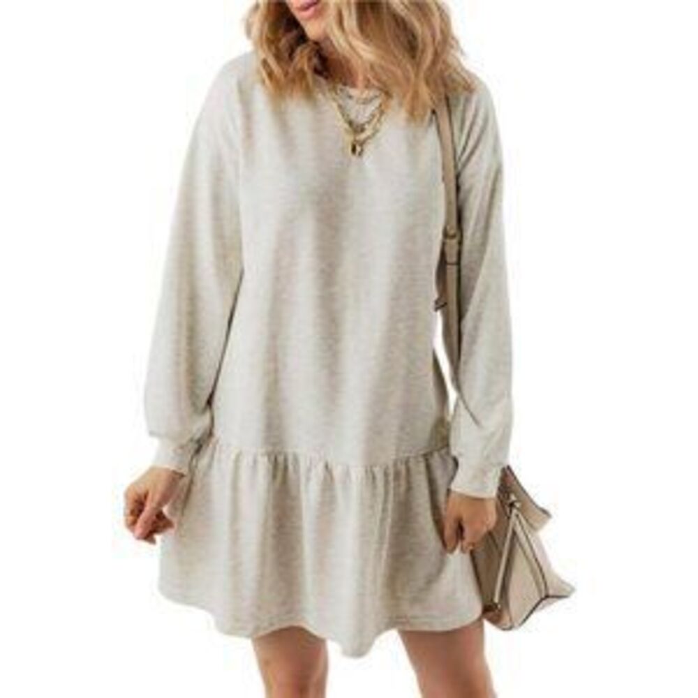 Women's Fall Long Sleeve Pullover Crewneck Rib Knit Sweatshirt Mini Dress